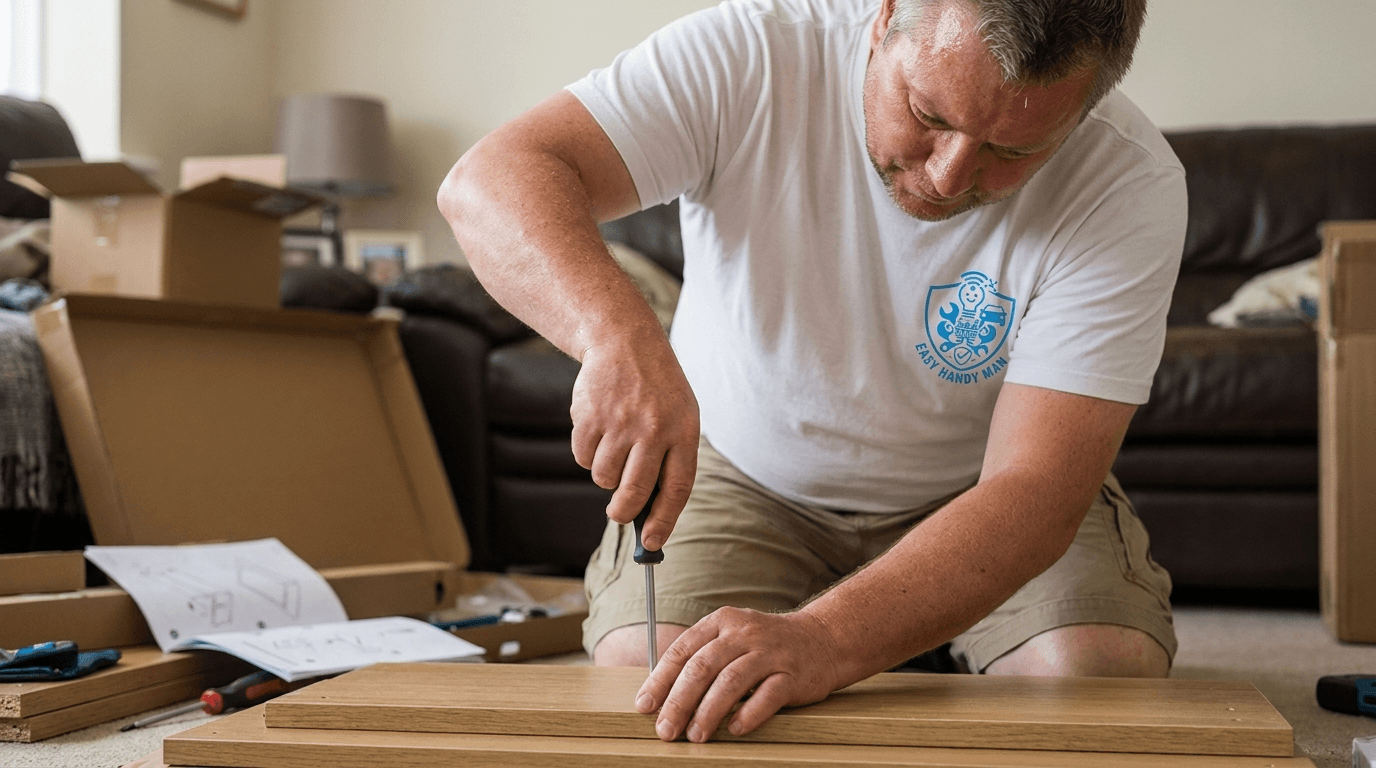 Easy Handy Man assembling flat-pack furniture with a screwdriver