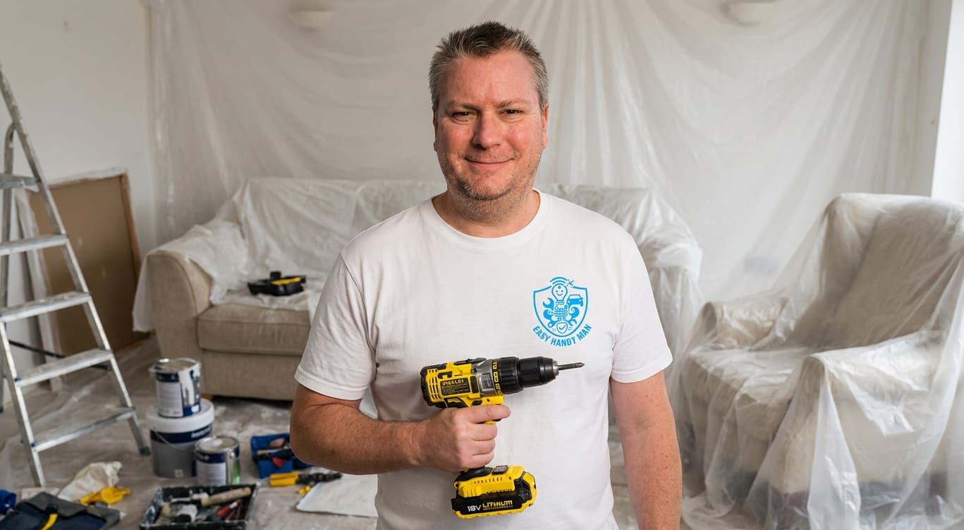 Easy Handy Man standing in a bright room under renovation with a cordless drill