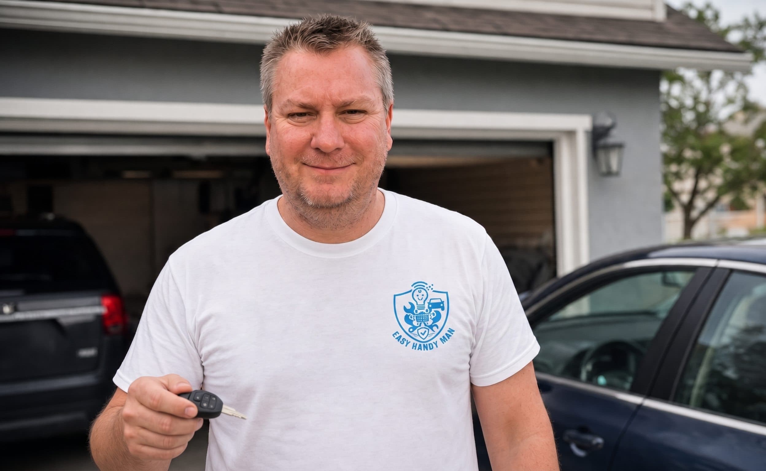 Handyman holding car keys in front of an open garage beside a parked car