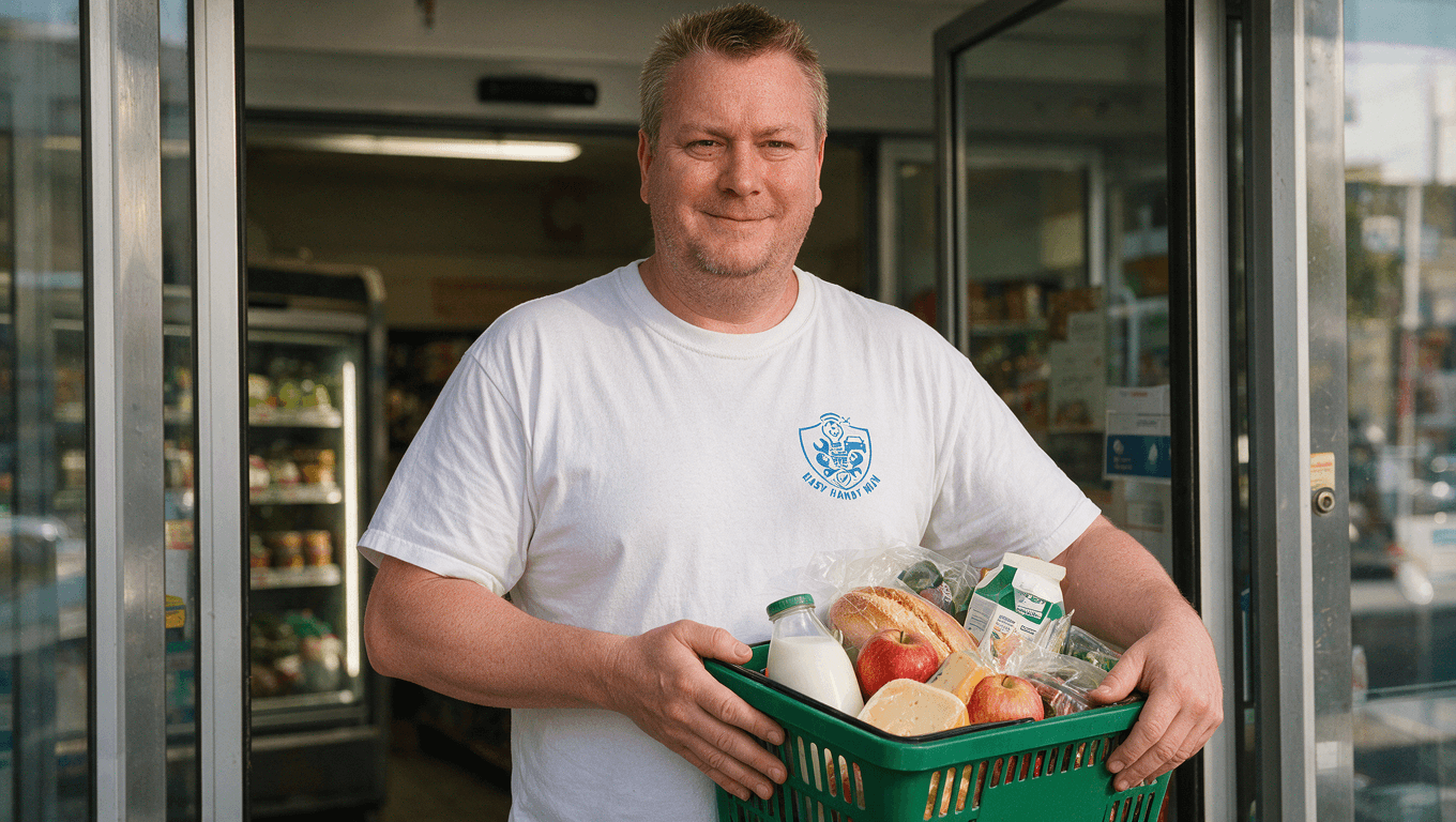 Handyman carrying a full grocery basket outside a shop