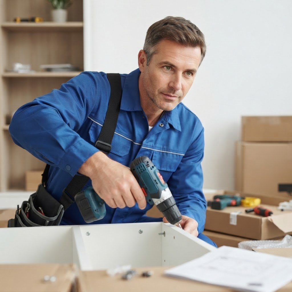 Handyman assembling a flat-pack wardrobe