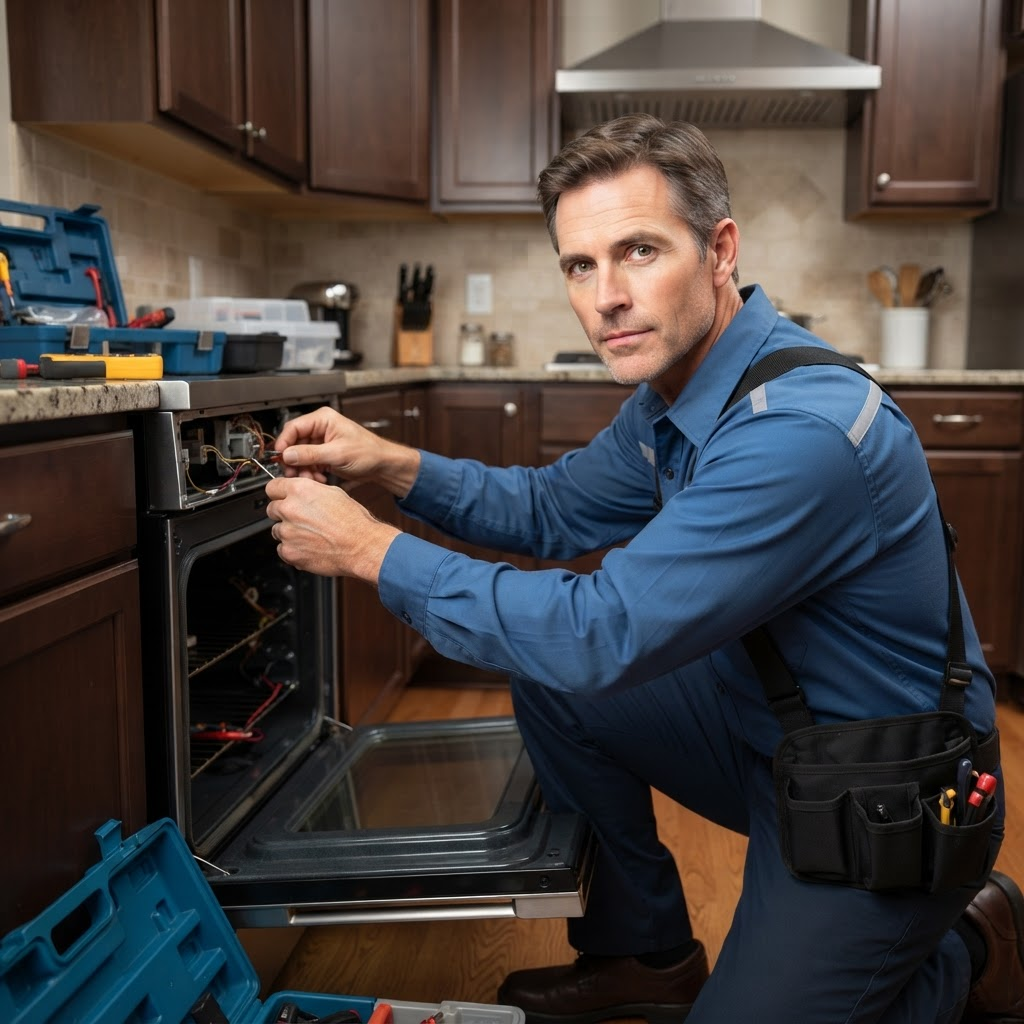 Technician installing a built-in oven and induction cooktop