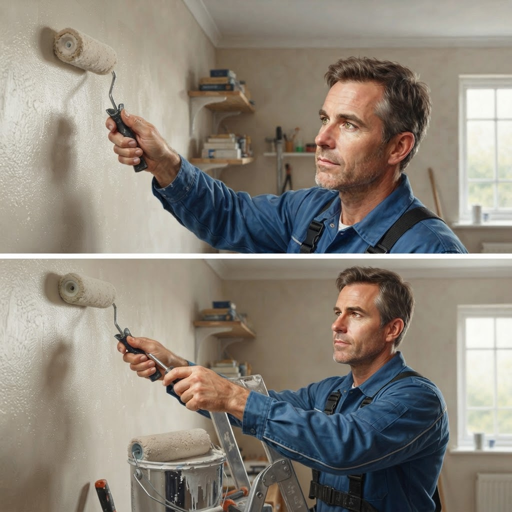 Painter applying paint to an interior wall with a roller