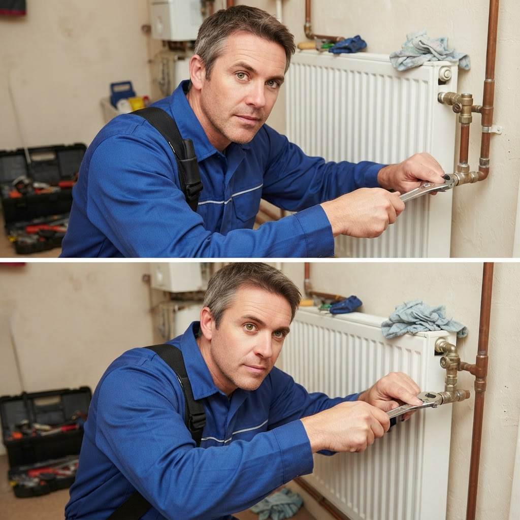 Hands servicing a radiator valve with a wrench